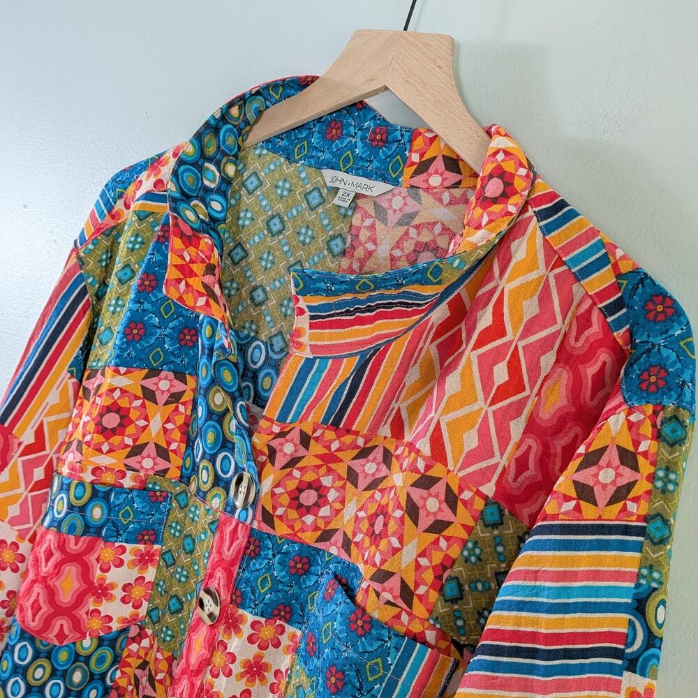 John Mark Button Top 2x 2xl Multicolor Patchwork … - image 8